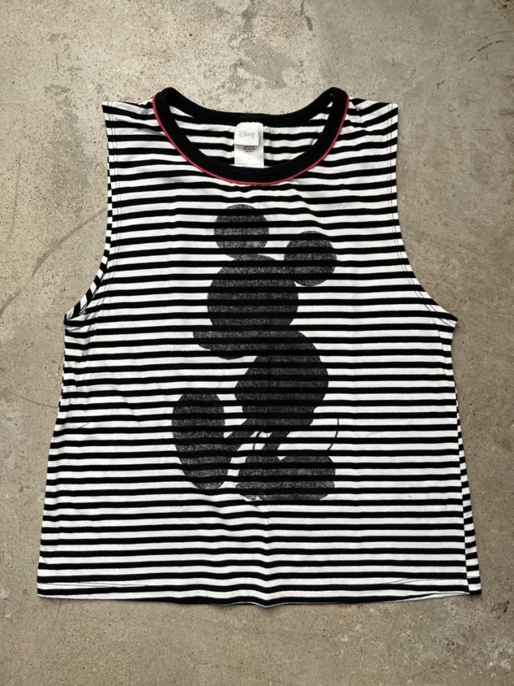 Mickey Mouse Black and White Stripped Tank Top w Coral Pink Trim M *CUTE* Disney